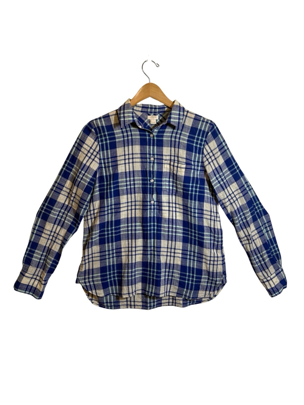 Blue Cream Plaid Cotton Popover Shirt Partial Button Placket Preppy Coastal Sz S